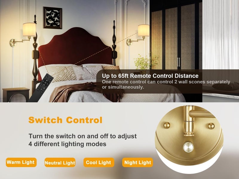 GOODATE Plug in Wall Sconces with Remote Control, Dimming 10%-100% & Adjustable Colors 2700K-6500K, Hardwire or Plug-in, Swing Arm Wall Lamp with White Fabric Shade, Wall Sconces Set of Two, Gold Finish - Image 4